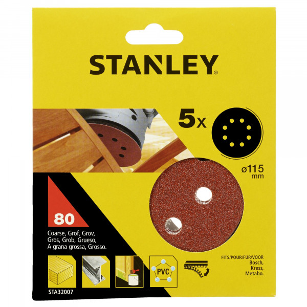Stanley 5 Dischi per rotorbitale in carta abrasiva  Ø 115 Mm. grana 80 