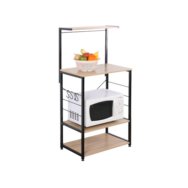  Carrello Da Cucina Metallo Nero Con 3 Ripiani Quercia, 60X40X123 cm 
