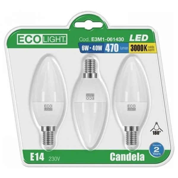 Lampadine Ecolight Candela LED 8W E14 6500K (3PZ)