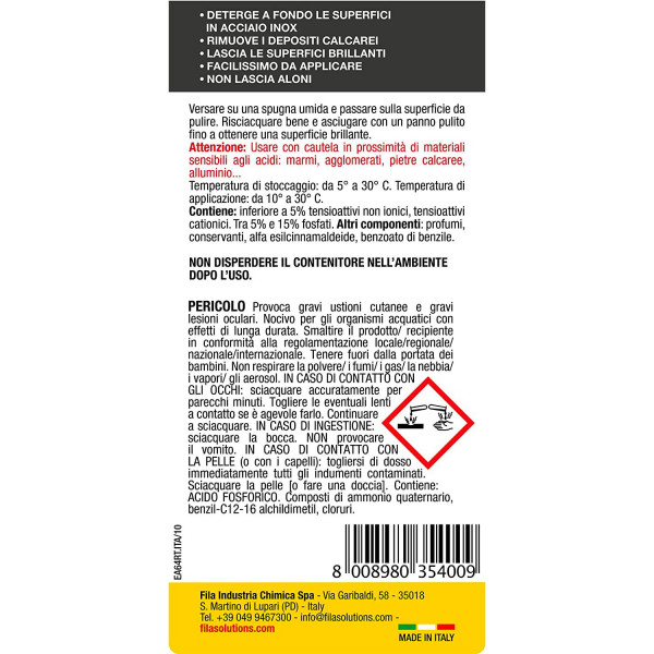 FILA Surface Care Solutions Formula Inox - Detergente Lucidante per Acciaio Inox