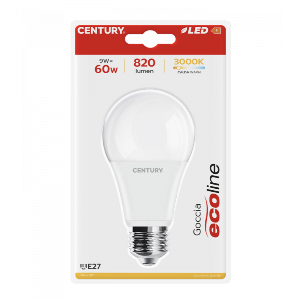 Lampadina Goccia LED 9W 60W E27 3000K