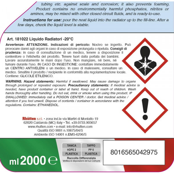 Liquido Radiatori Blu -20°C 2L - Protezione e Prestazioni Ottimali per il Tuo Motore!
