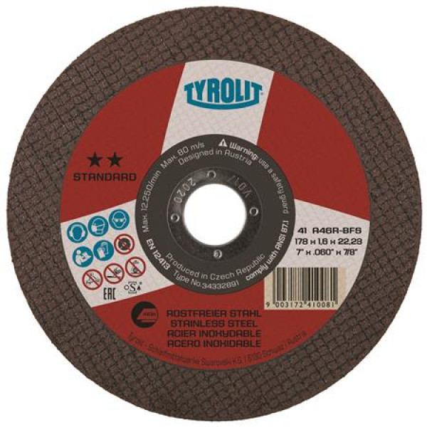 DISCO ABRASIVO TYROLIT 2 STELLE ACCIAIO/INOX PIANE 115 X 1.6 X 22 MM 