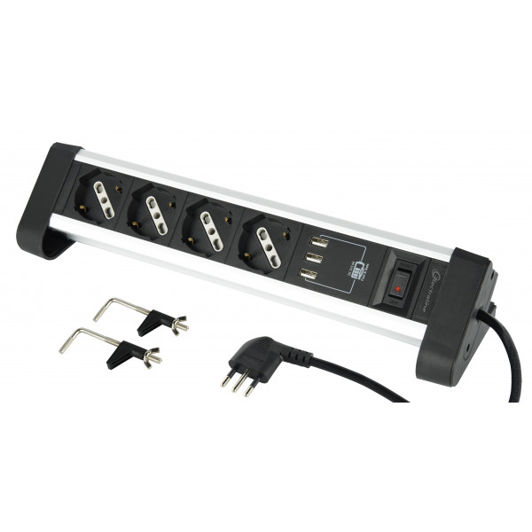 Multipresa Alu, 4 prese, 3 USB A 3.4A, Cavo 2metri Electraline 