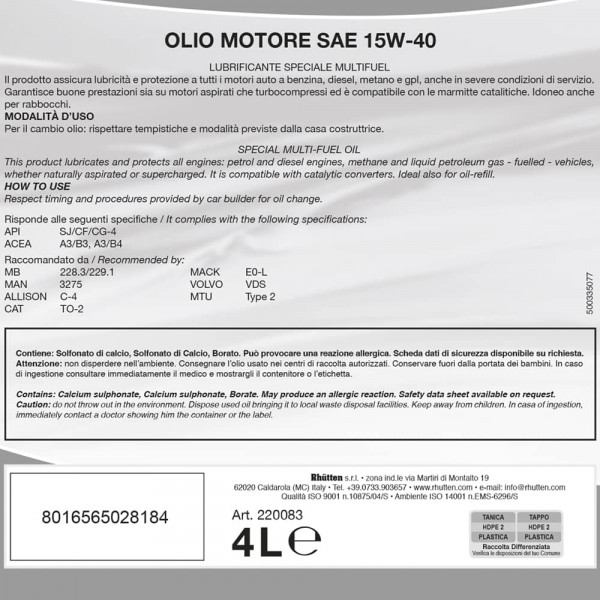 Olio Motore Rhutten 15W-40 4L - Protezione e Prestazioni Ottimali per il Tuo Veicolo!