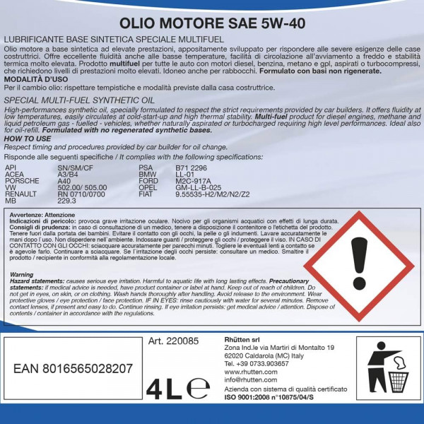 Olio Motore Rhutten 5W-40 4L - Prestazioni e Protezione Massime per il Tuo Veicolo!