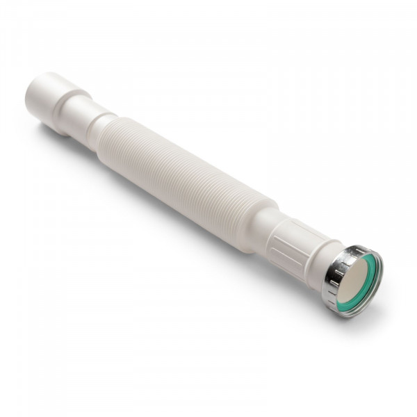 Sifone universale flessibile ed estensibile bianco con ghera in metallo per lavabo e bidet.