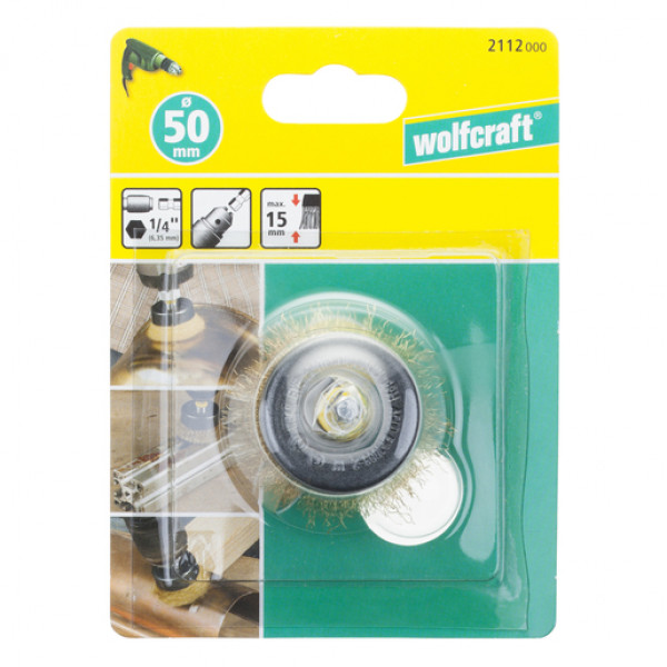 Spazzola metallica a tazza per trapano in ottone esagonale levigare D.50mm  wolfcraft